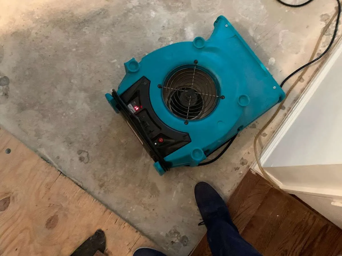 Air mover drying subfloor during Leak Detection & Repair in Hoffman Estates